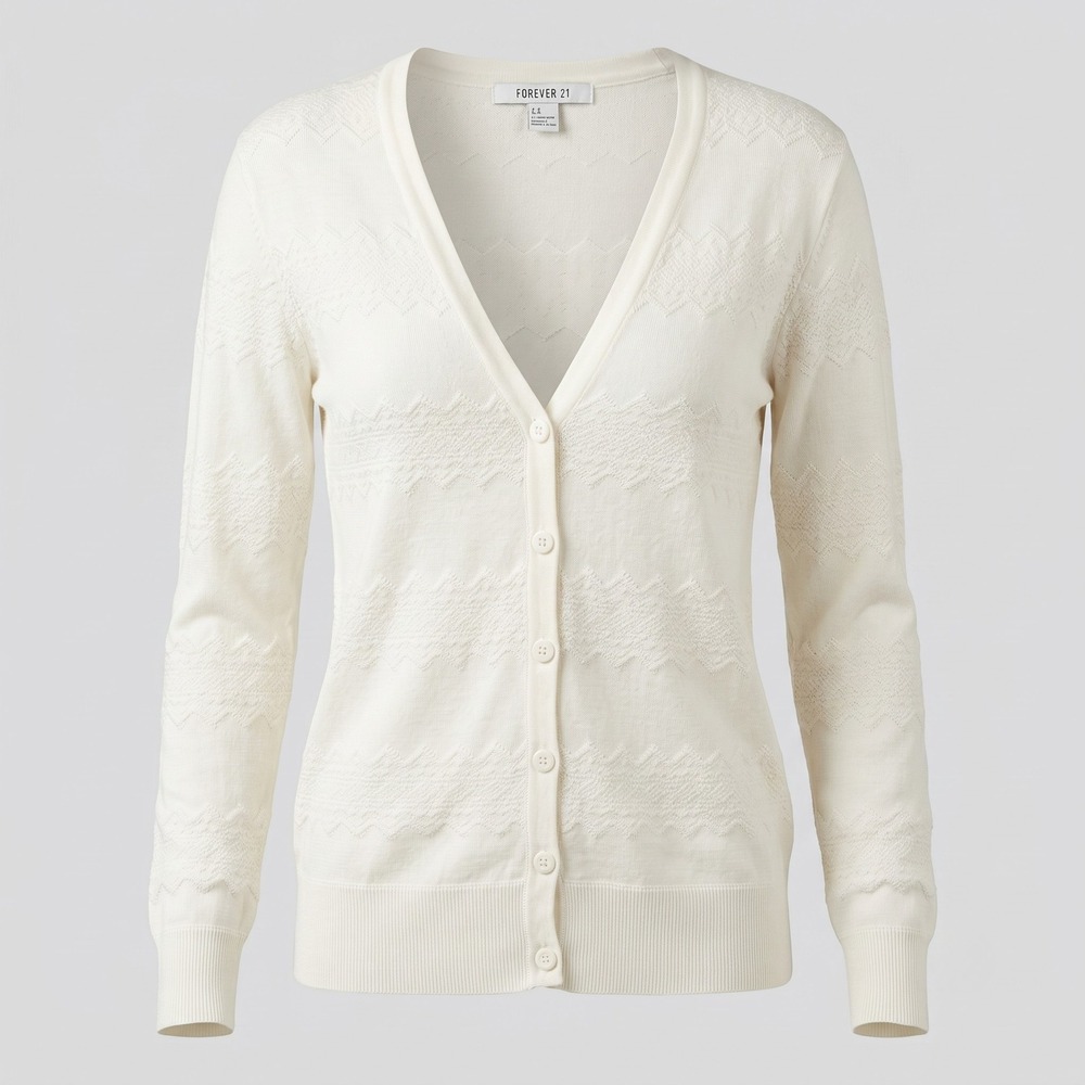 Forever 21 Women Small Cream Cardigan Sweater V-Neck Pointelle Knit Button Up‎